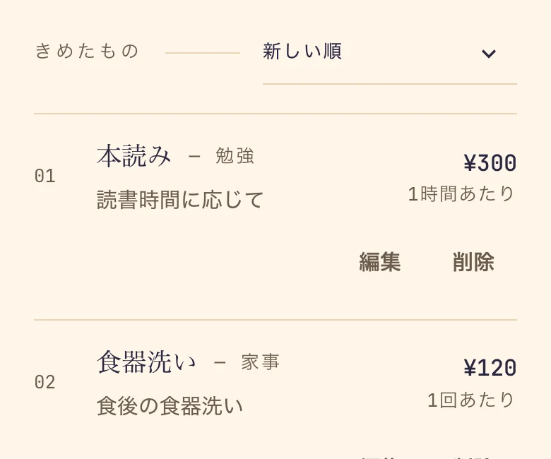 ブラウザ版の「きめたもの」の一覧。本読みが ¥300 1時間あたり、食器洗いが ¥120 1回あたり と並んでいる