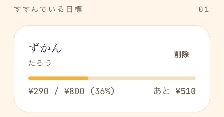ブラウザ版の「ためる目標」。ずかん ¥290 / ¥800（36%）、あと ¥510 と進み具合の線が出ている